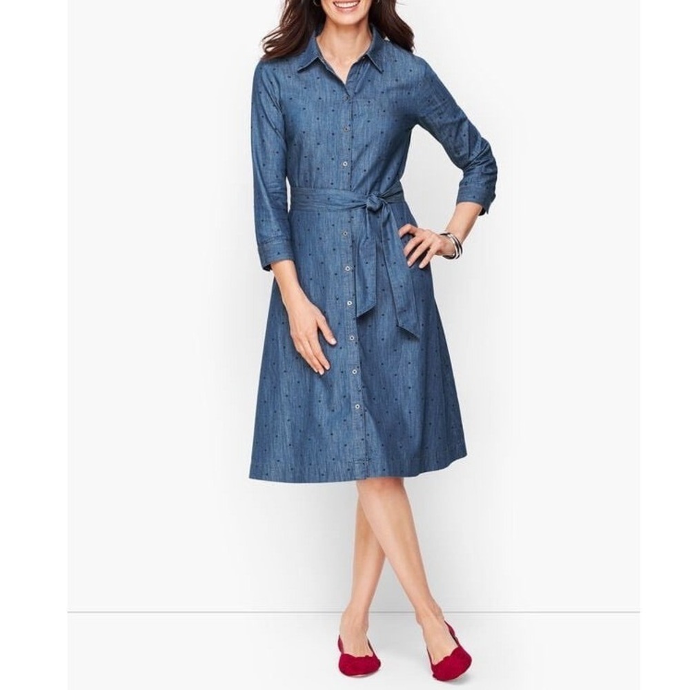 Talbots Dot Denim Belted Shirt Dress Womens 4 Blue 3/4 Sleeve Midi Button Up